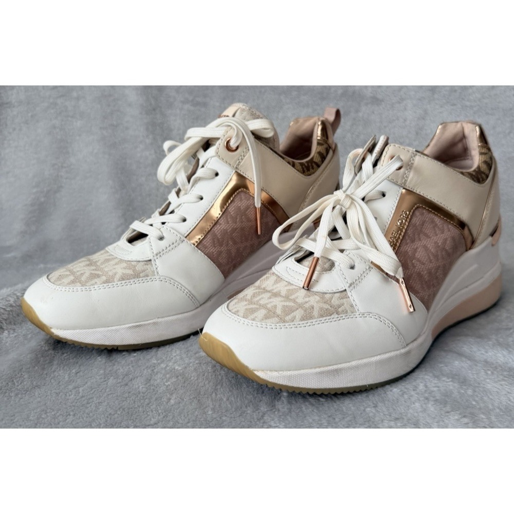 Michael Kors Rose Gold Georgie Trainer Sneakers Heels SZ 9 Leather Canvas Pink - Picture 2 of 9